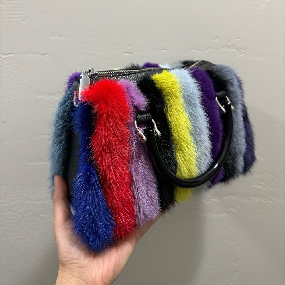 Multi Way Use Handmade Color-block Real Mink Fur Top Handles Satchel/Crossbody - Picture 7 of 16